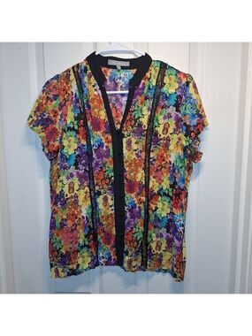 NY Collection Small Multicolor Floral Sheer Blouse